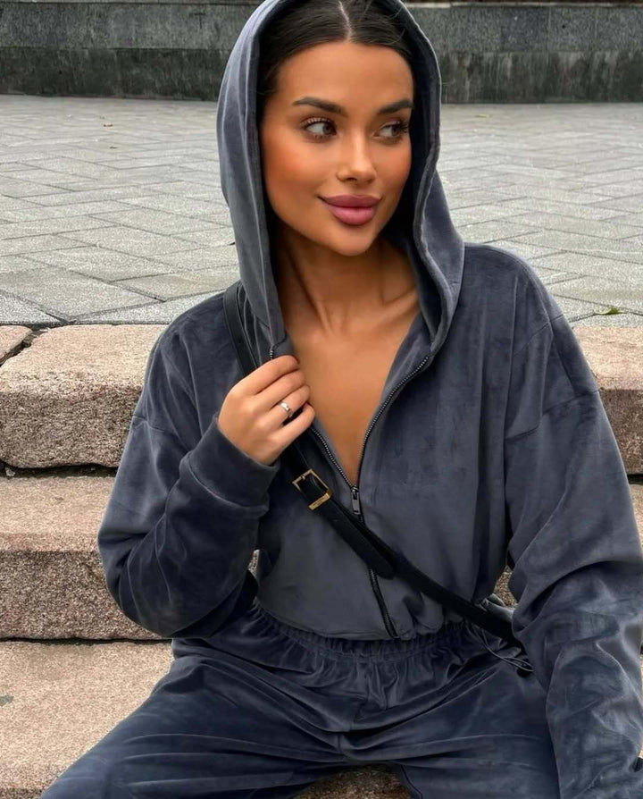 Ladies soft velvet hooded jumpsuit Lune London