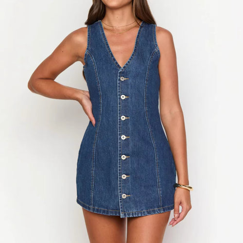 Women’s Denim Dress with V-neck and Button Placket Lune London