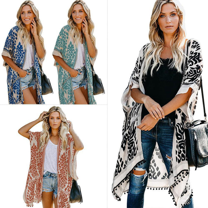 Ladies lightweight kimono cardigan with intricate pattern and fringed hem Lune London