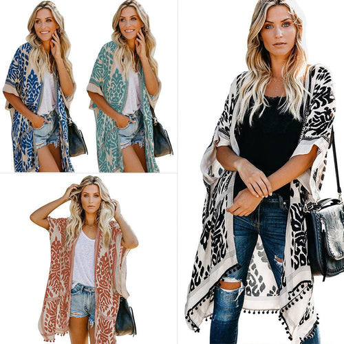 Ladies lightweight kimono cardigan with intricate pattern and fringed hem Lune London