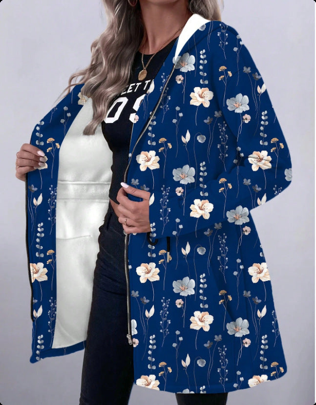 Hooded coat with full zip for women with floral print Lune London