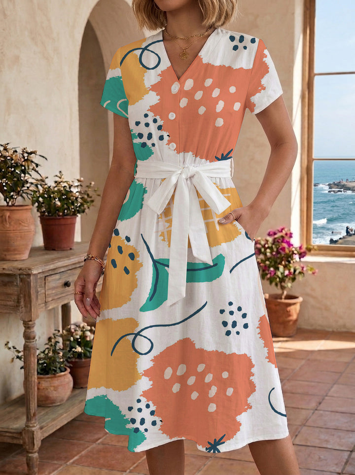 Women’s midi dress with colorful floral design and adjustable tie belt Lune London