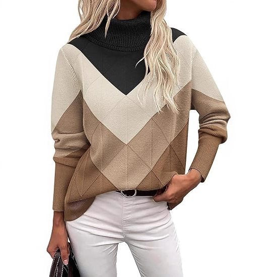 Trendy knit sweater for women with a high collar and geometric design Lune London