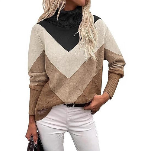 Trendy knit sweater for women with a high collar and geometric design Lune London