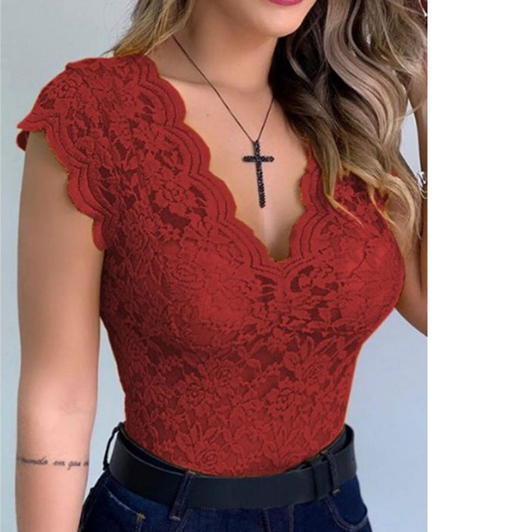Women's Lace Bodysuit with Deep V-Neck and Ruffle Sleeves Lune London