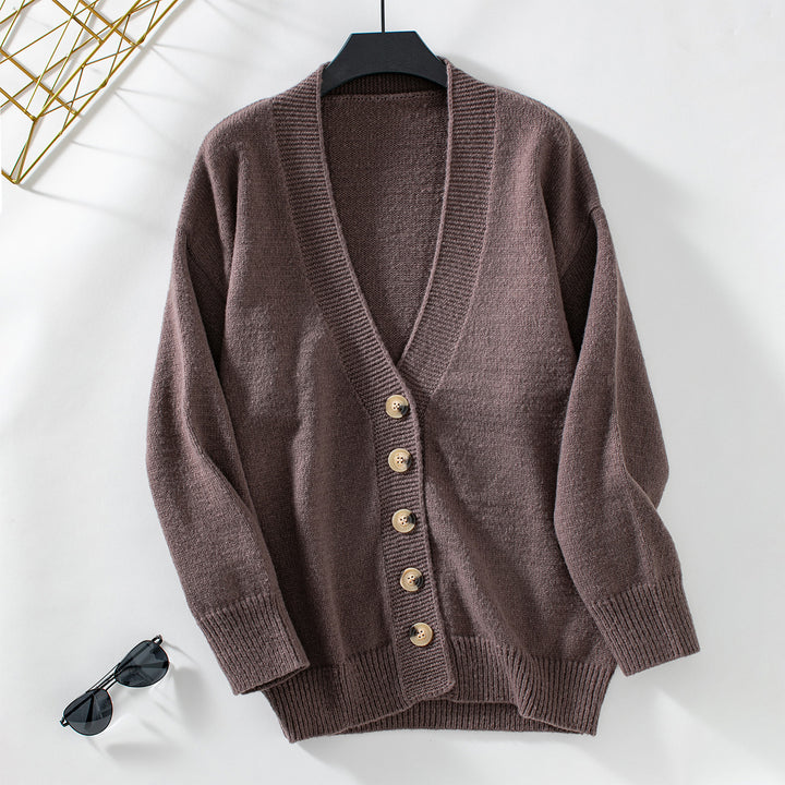 Ladies comfortable cardigan with button details and deep V-neck Lune London