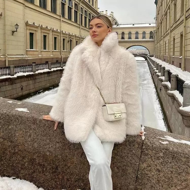 Modern stretch faux fur coat for women Lune London