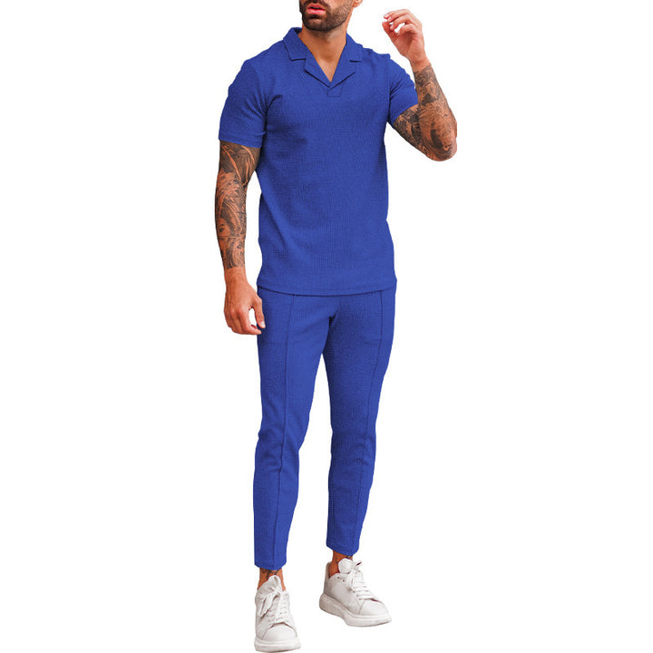 Elegant men's short sleeve polo with textured design and matching slim-fit trousers Lune London