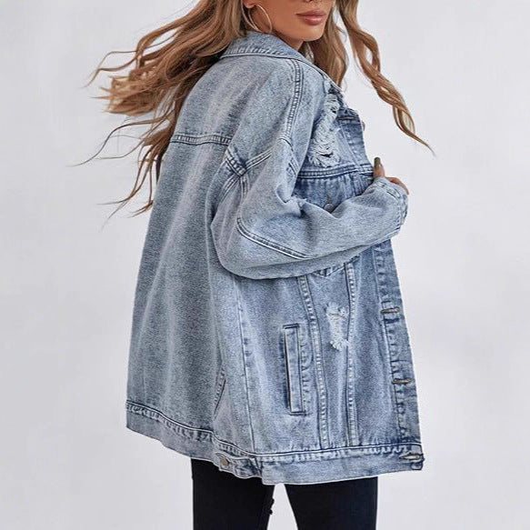 Casual oversized denim jacket for women with distressed details and high-quality metal buttons Lune London