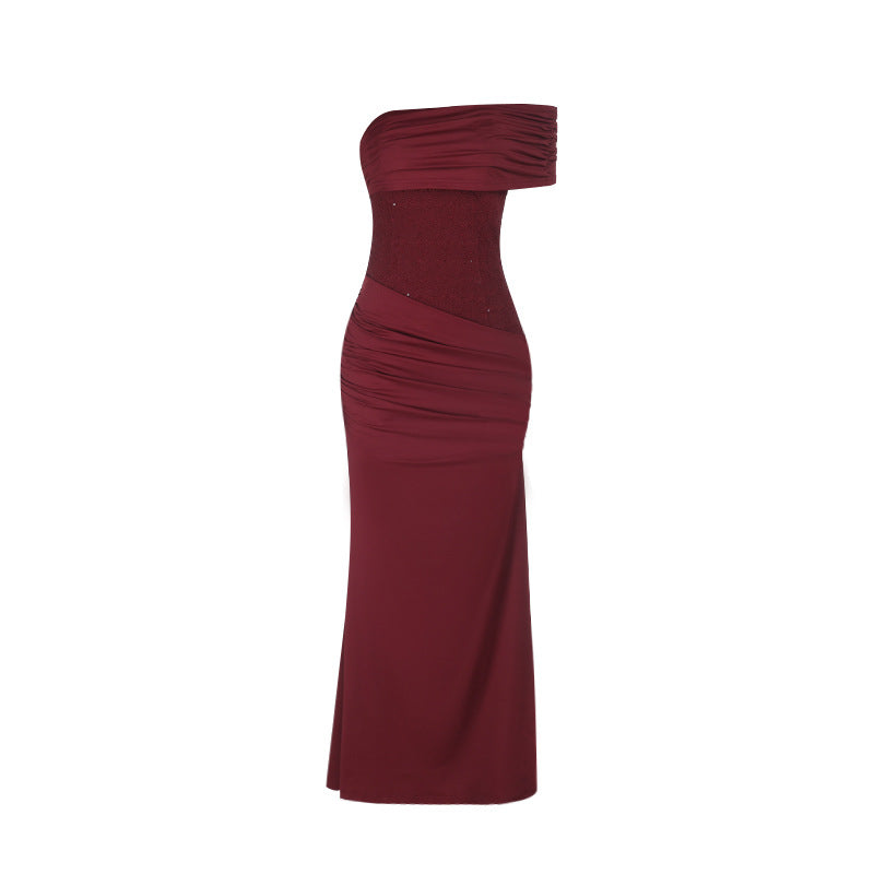 Ladies Elegant Evening Dress with Asymmetric Strap Design and Sparkling Top