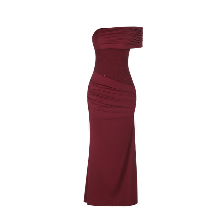 Ladies Elegant Evening Dress with Asymmetric Strap Design and Sparkling Top