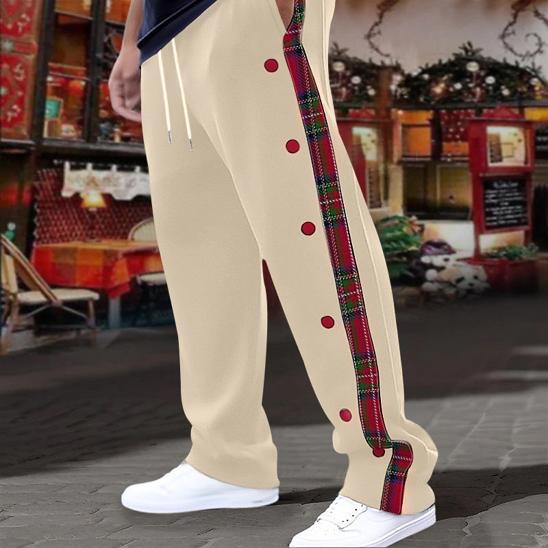 Lune London men's casual sports pants with side buttons and plaid pattern