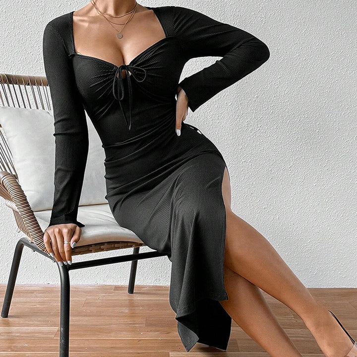 Robe côtelée à manches longues pour femmes avec cordon de serrage réglable Chic & Stil