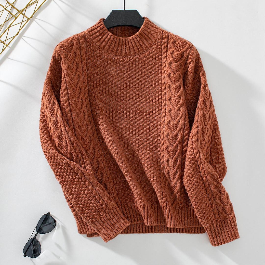 Lune London Women's knitted sweater with a striking cable pattern and a high collar