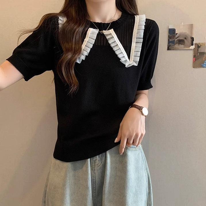 Women Elegant Knit Top with Decorative Ruffle Hem and Breathable Design