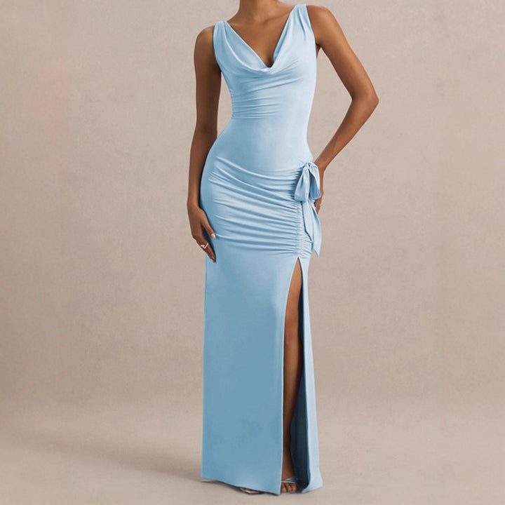 Elegant evening dresses for women with deep V-neckline and ruffle details on the sides Lune London
