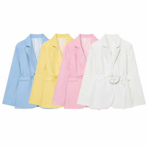 Ladies elegant blazer with attached decorative belt and floral accents Lune London