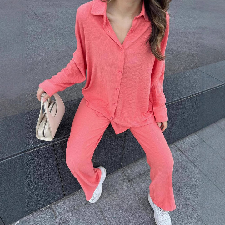 Lune London two-piece casual outfit for women with continuous button placket and wide legs