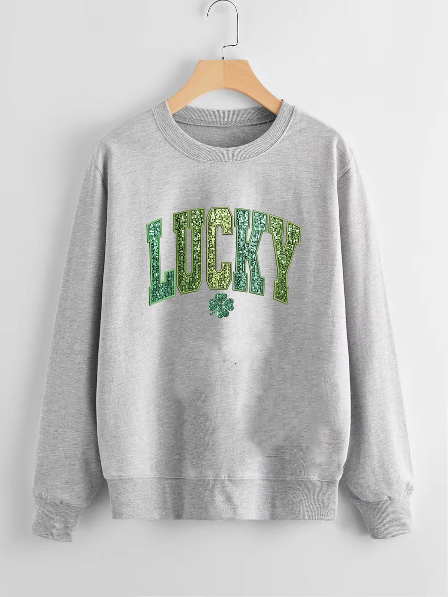 Sweatshirt décontracté pour femmes avec lettrage étincelant et motif de trèfle Chic & Stil