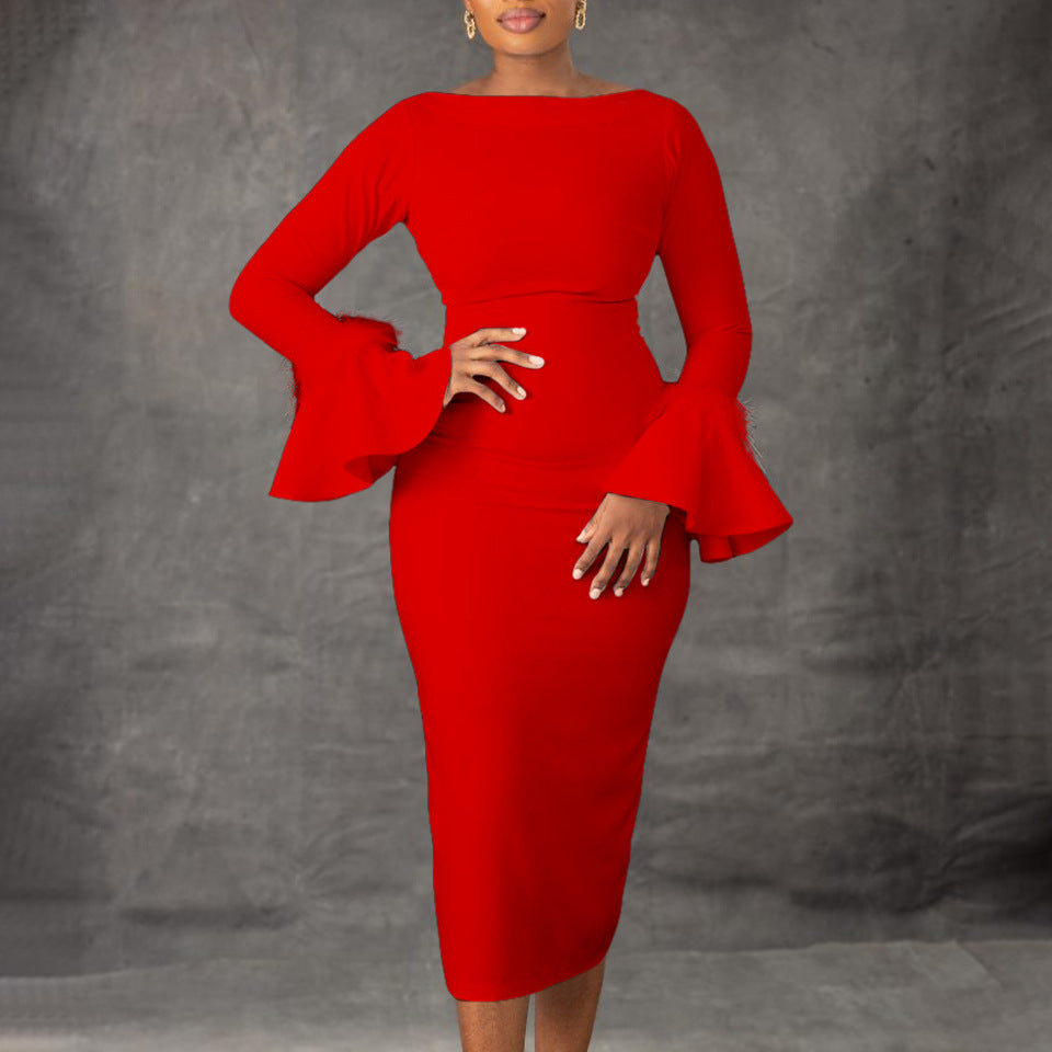 Sheath dress for women with trendy flutter sleeves and faux fur details Lune London