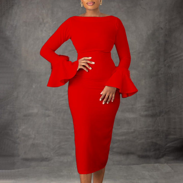 Sheath dress for women with trendy flutter sleeves and faux fur details Lune London