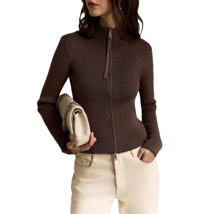 Women's Knit Sweater with High Collar and Zipper Lune London