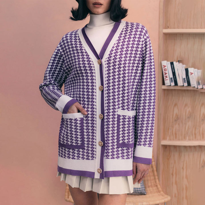 Women's knitted cardigan with a classic houndstooth pattern and button placket Lune London