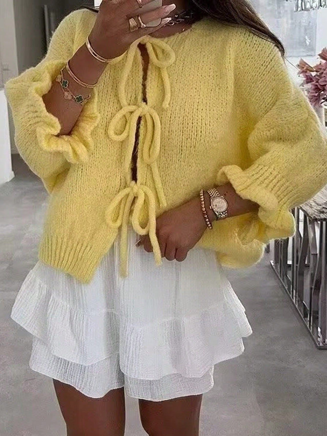Lady Chunky knit cardigan with playful tied details Lune London