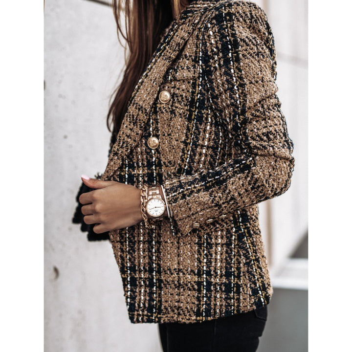 Plaid jacket for women with gold buttons and textured fabric Lune London