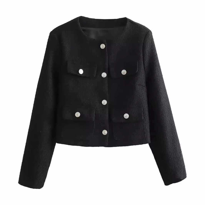 Fashionable tweed jacket for women with golden buttons and practical pockets Lune London