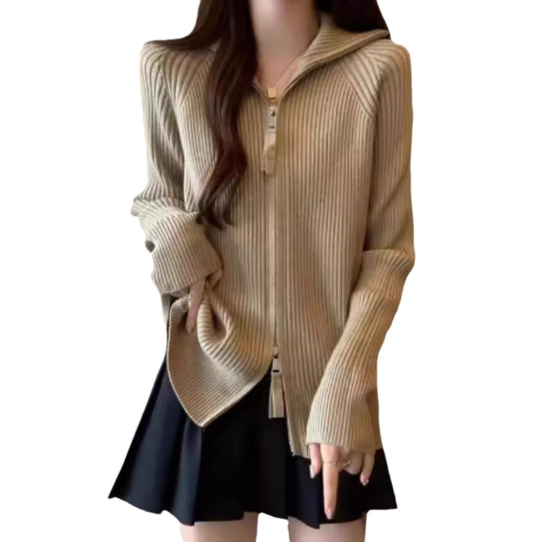 Knitted jacket for women with high collar and zipper Lune London