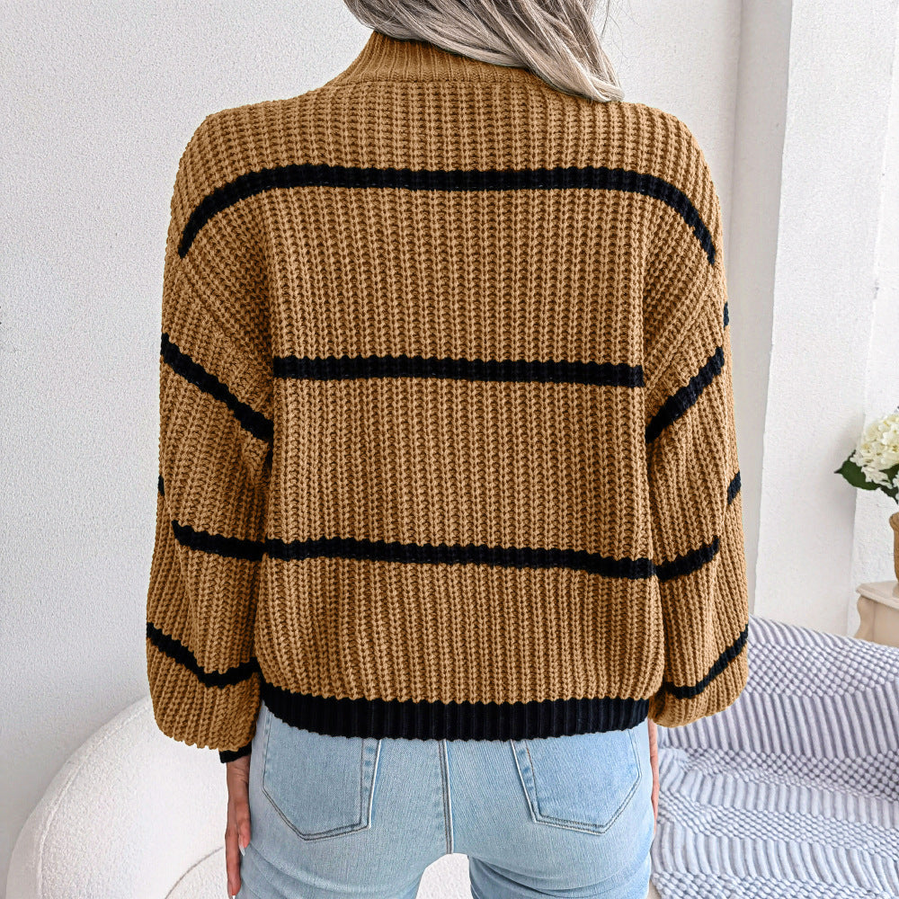 Comfortable knitted sweater for women with turtleneck and trendy striped pattern Lune London