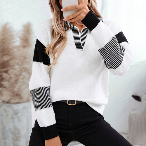 Trendy women's sweater with polo collar and contrasting stripes Lune London