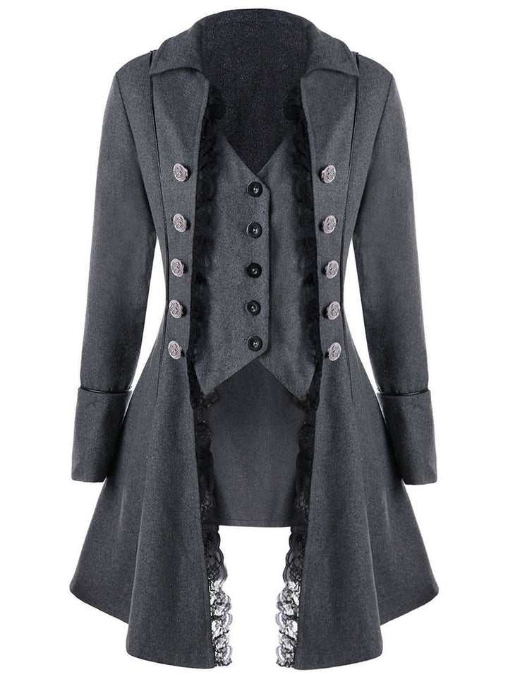 Ladies elegant traditional coat with delicate lace inserts and refined button details Lune Londonl