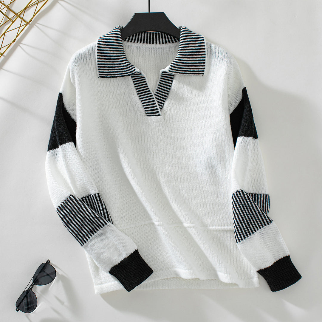 Trendy women's sweater with polo collar and contrasting stripes Lune London