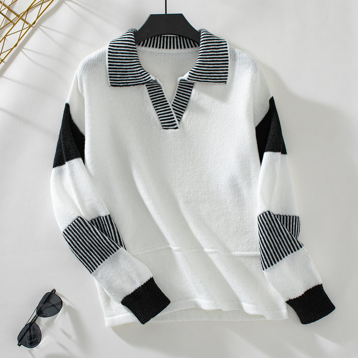 Trendy women's sweater with polo collar and contrasting stripes Lune London