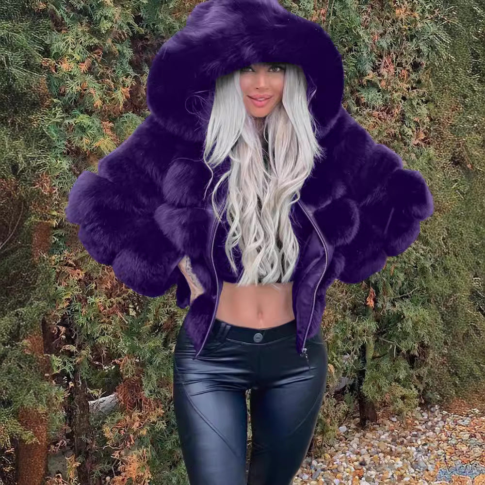 Women's sporty faux fur jacket with hood Lune London