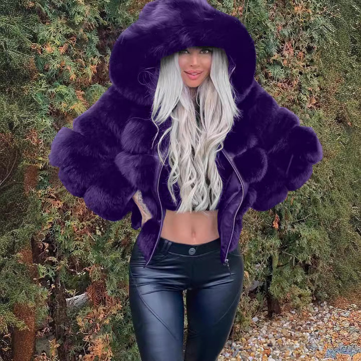 Women's sporty faux fur jacket with hood Lune London