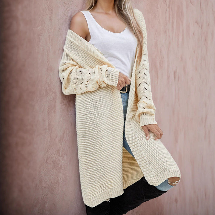 Ladies Long Knit Cardigan with an airy mesh structure and an open front Lune London