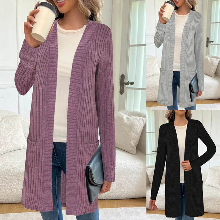 Long knitted jacket for women with side pockets and textured design Lune London