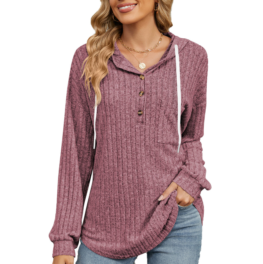 Casual hooded sweatshirt for women with button placket and textured design Lune London