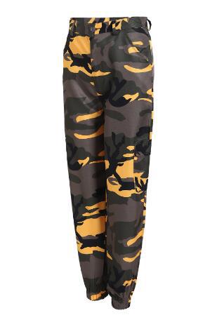 Cargo pants for women with a modern camouflage design featuring practical pockets and elastic waist Lune London