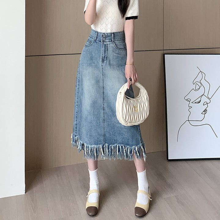Jupe midi en denim pour femmes avec ourlet frangé Chic & Stil