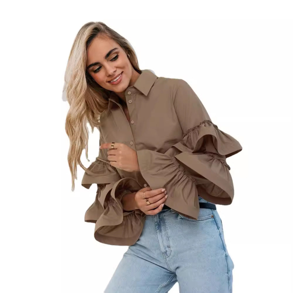 Blouse for ladies with button placket and ruffled sleeves Lune London