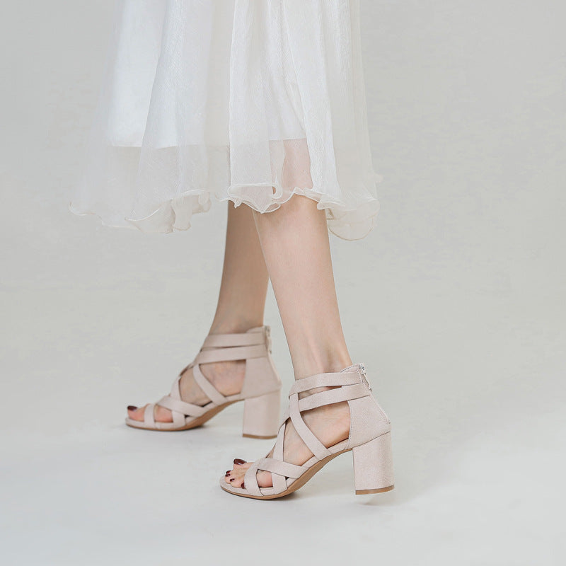Women's sandals with stylish cross strap and comfortable block heel Lune London