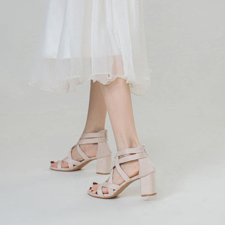 Women's sandals with stylish cross strap and comfortable block heel Lune London