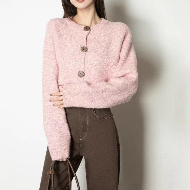 Ladies comfortable cardigan with large buttons and a high collar Lune London