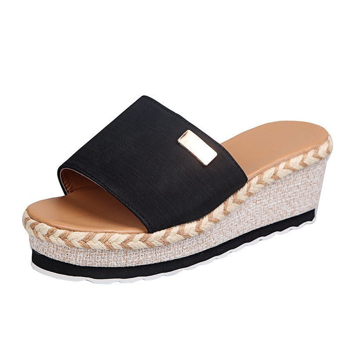 Platform sandals for women with woven rattan detail and comfortable sole Lune London