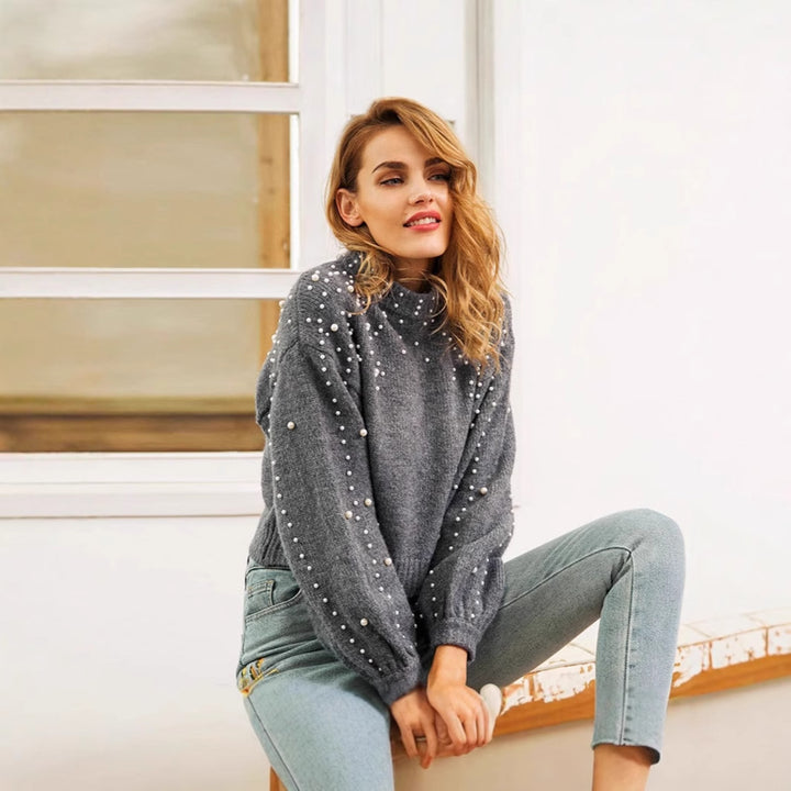 Elegant sweater for women with bead details and puff sleeves Lune London