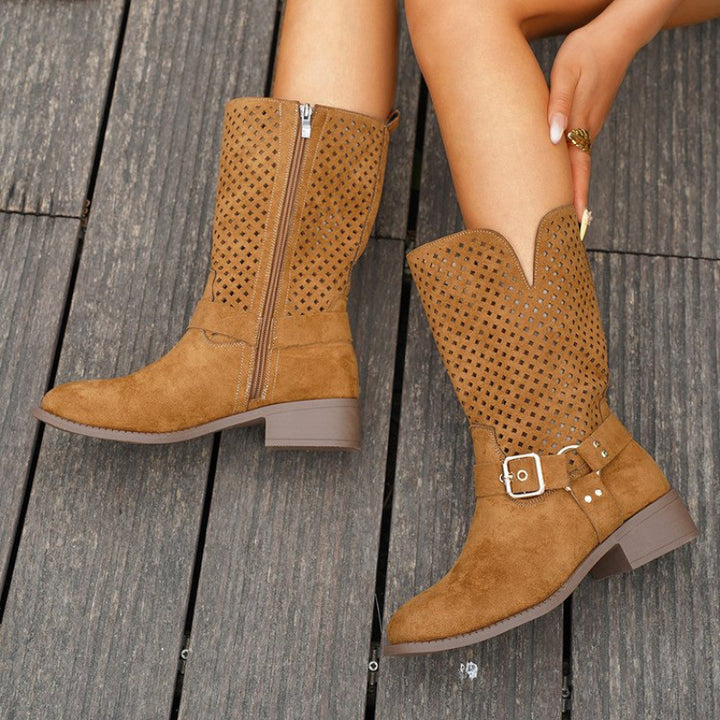 Women’s perforated suede boots with trendy buckle detail Lune London